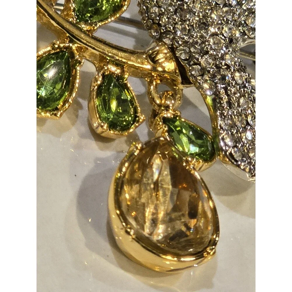 Talbots Jeweled Bird Brooch Rhinestone Green Crystal Branch Pin Figural #1397